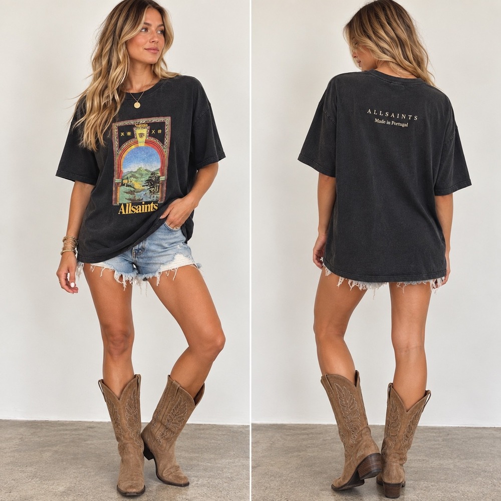 AllSaints Nutopia Graphic T-Shirt XL Relaxed Fit Washed Black Cotton Portugal